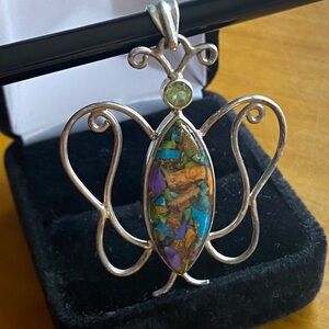 Sterling Silver Butterfly Pendant Peridot & Southwestern Stone Inlay – 5 cm
